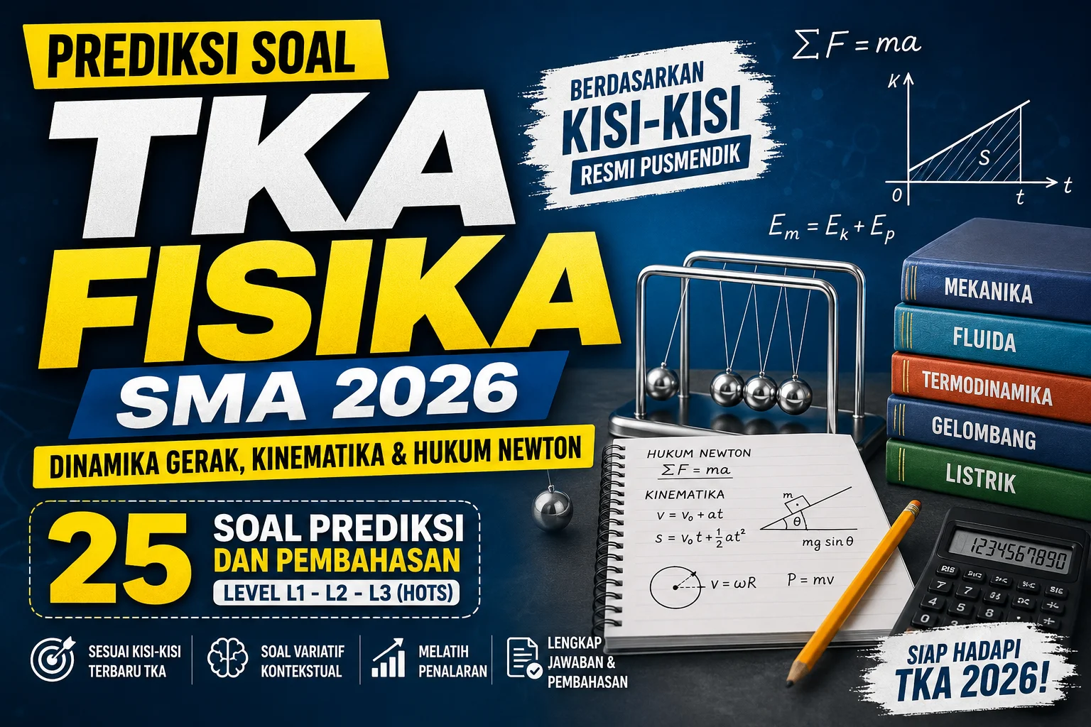 Prediksi Soal TKA Fisika SMA 2026 lengkap dengan 25 soal, jawaban, dan pembahasan materi kinematika, dinamika gerak, dan Hukum Newton.