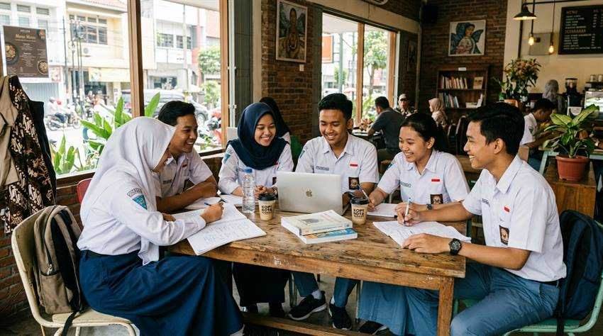 Siswa SMA sedang berkonsultasi bimbingan karir dan pemetaan jurusan kuliah dengan guru BK