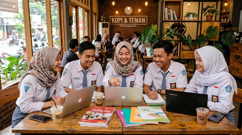 Suasana Pelajar Belajar dan Mengerjakan Tugas di Cafe Tasikmalaya