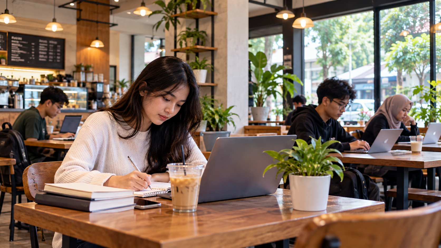 Suasana mahasiswa mengerjakan tugas menggunakan laptop di cafe yang nyaman dan tenang di Tasikmalaya